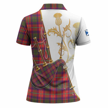 Wauchope Tartan Family Crest Women Polo Shirt Bagpipes with Scottish Thistle