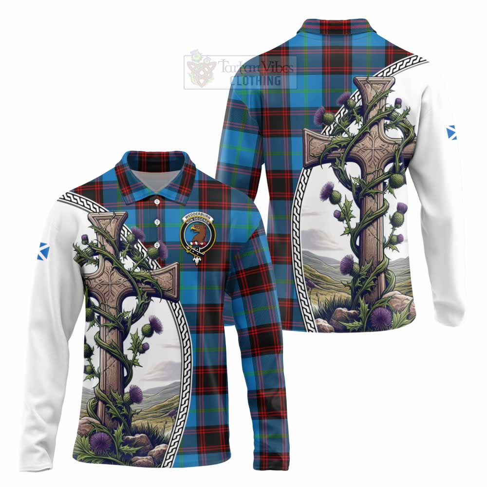 Tartan Vibes Clothing Wedderburn Tartan Long Sleeve Polo Shirt with Family Crest and St. Andrew's Cross Accented by Thistle Vines