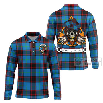 Wedderburn Tartan Long Sleeve Polo Shirt with Family Crest and Bearded Skull Holding Bottles of Whiskey Unisex - Tartan Vibes Clothing