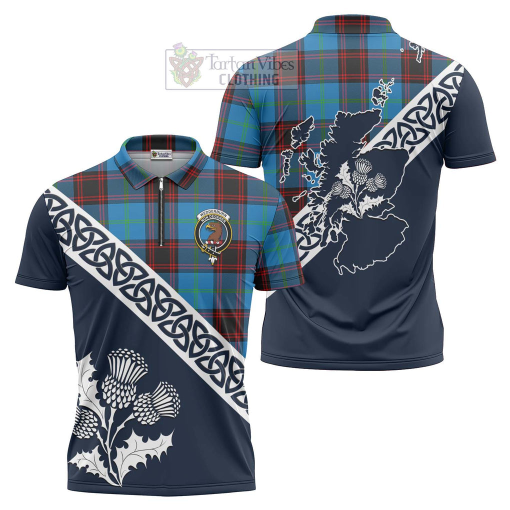 Wedderburn Tartan Zipper Polo Shirt Featuring Thistle and Scotland Map Unisex - Tartanvibesclothing Store
