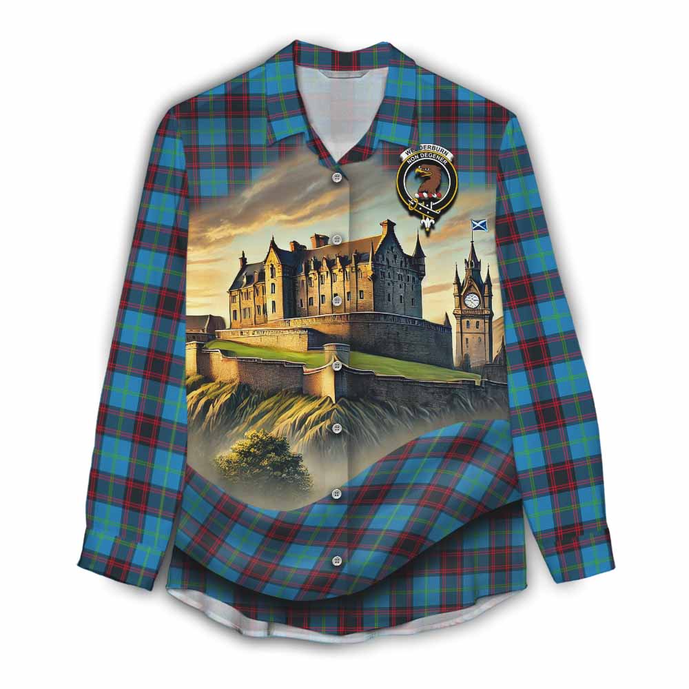 Wedderburn Tartan Family Crest Women's Casual Shirt with Scottish Ancient Castle Style Female - Tartan Vibes Clothing