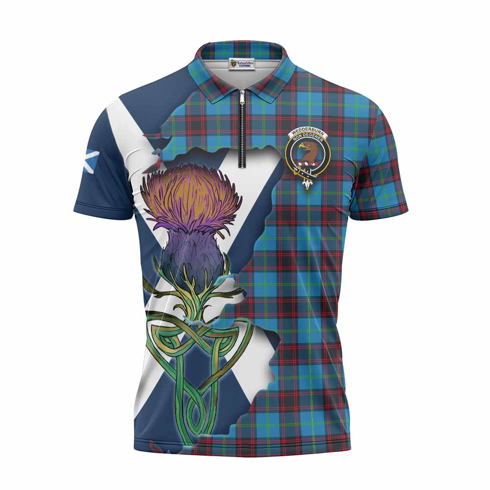 Tartan Vibes Clothing Wedderburn Tartan Family Crest Zipper Polo Shirt Scottish Thistle Celtic Inspired