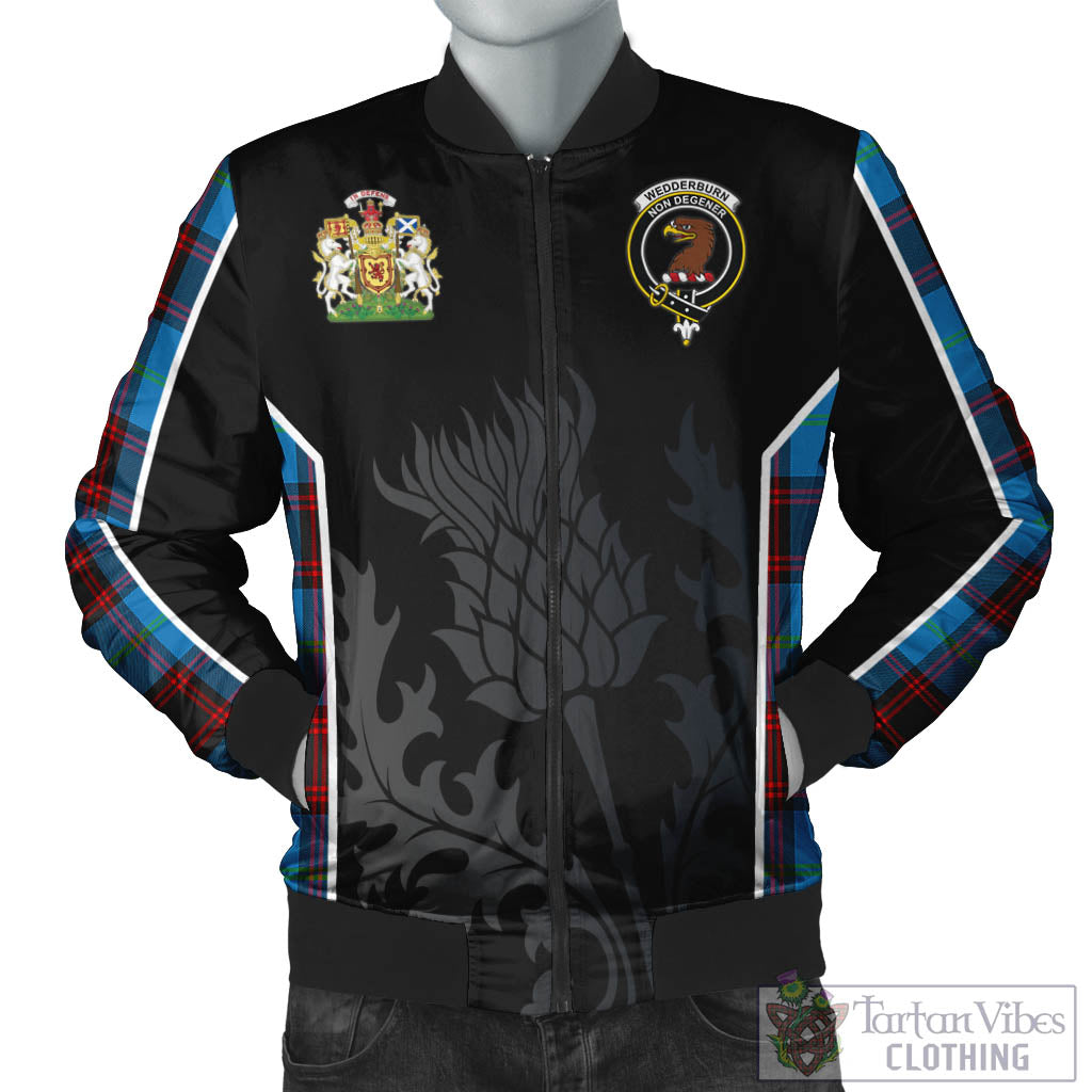 Wedderburn Tartan Bomber Jacket with Family Crest and Scottish Thistle Vibes Sport Style Unisex Black - Tartan Vibes Clothing
