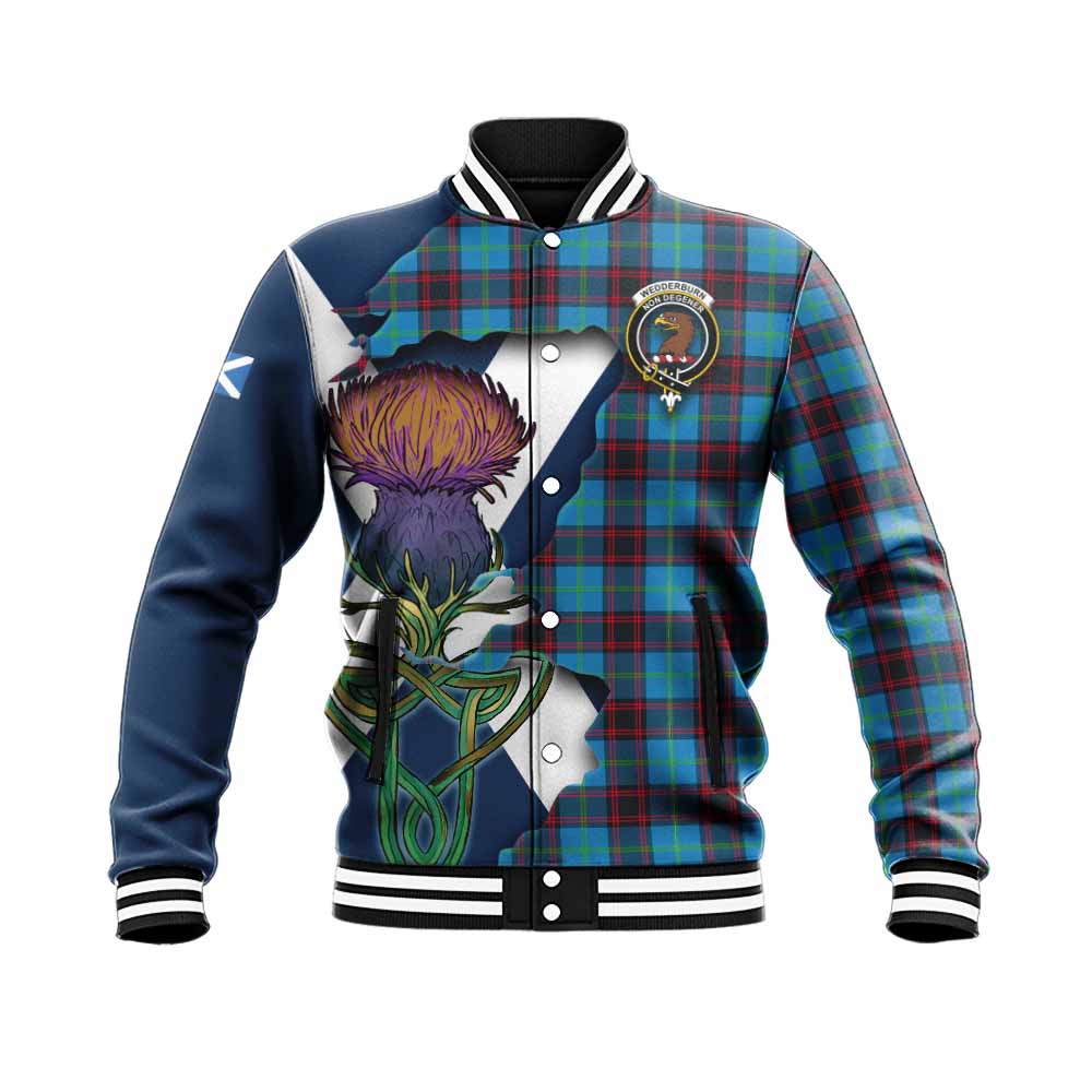 Tartan Vibes Clothing Wedderburn Tartan Family Crest Baseball Jacket Scottish Thistle Celtic Inspired