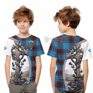 Tartan Vibes Clothing Wedderburn Tartan Kid T-Shirt with Family Crest and St. Andrew's Cross Accented by Thistle Vines
