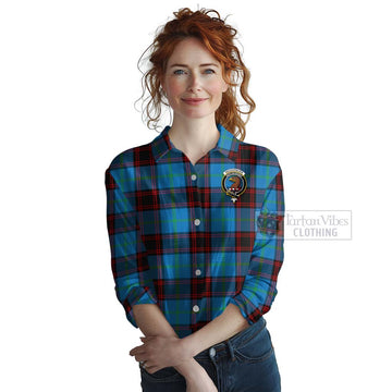 Wedderburn Tartan Women's Casual Shirt with Family Crest and Bearded Skull Holding Bottles of Whiskey Female - Tartan Vibes Clothing