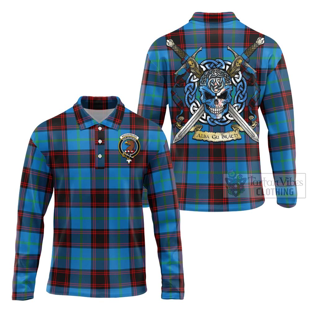 Wedderburn Tartan Long Sleeve Polo Shirt with Family Crest Celtic Skull Style Unisex - Tartan Vibes Clothing