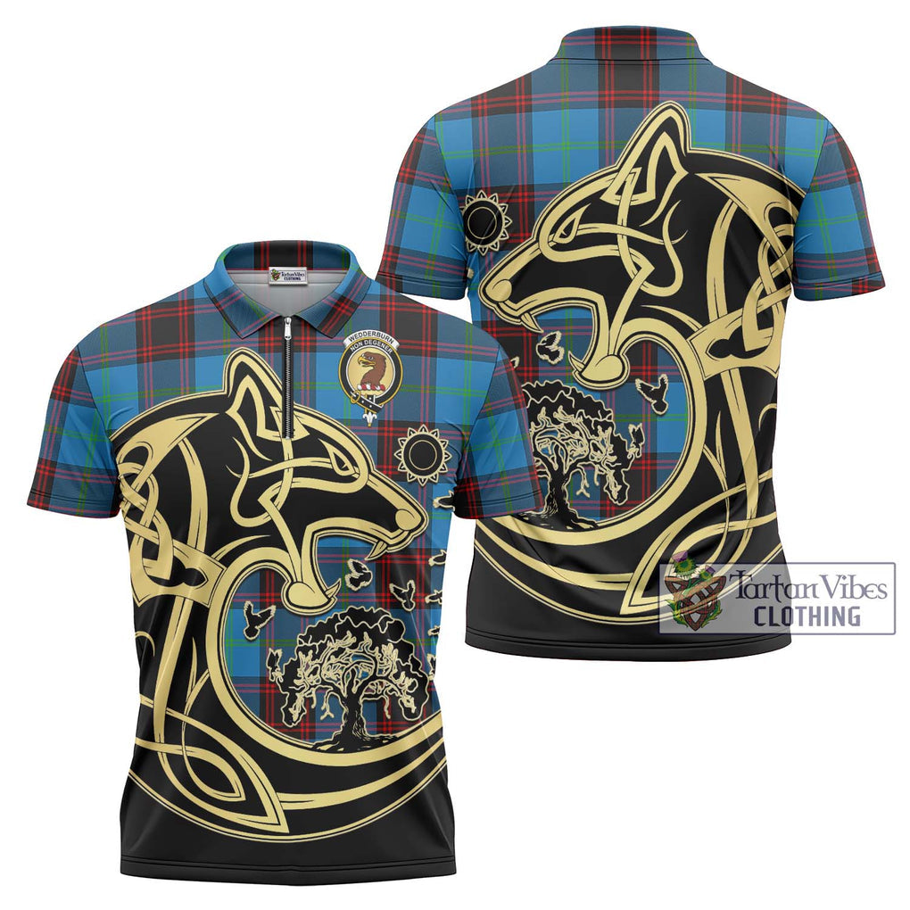 Wedderburn Tartan Zipper Polo Shirt with Family Crest Celtic Wolf Style Unisex - Tartan Vibes Clothing