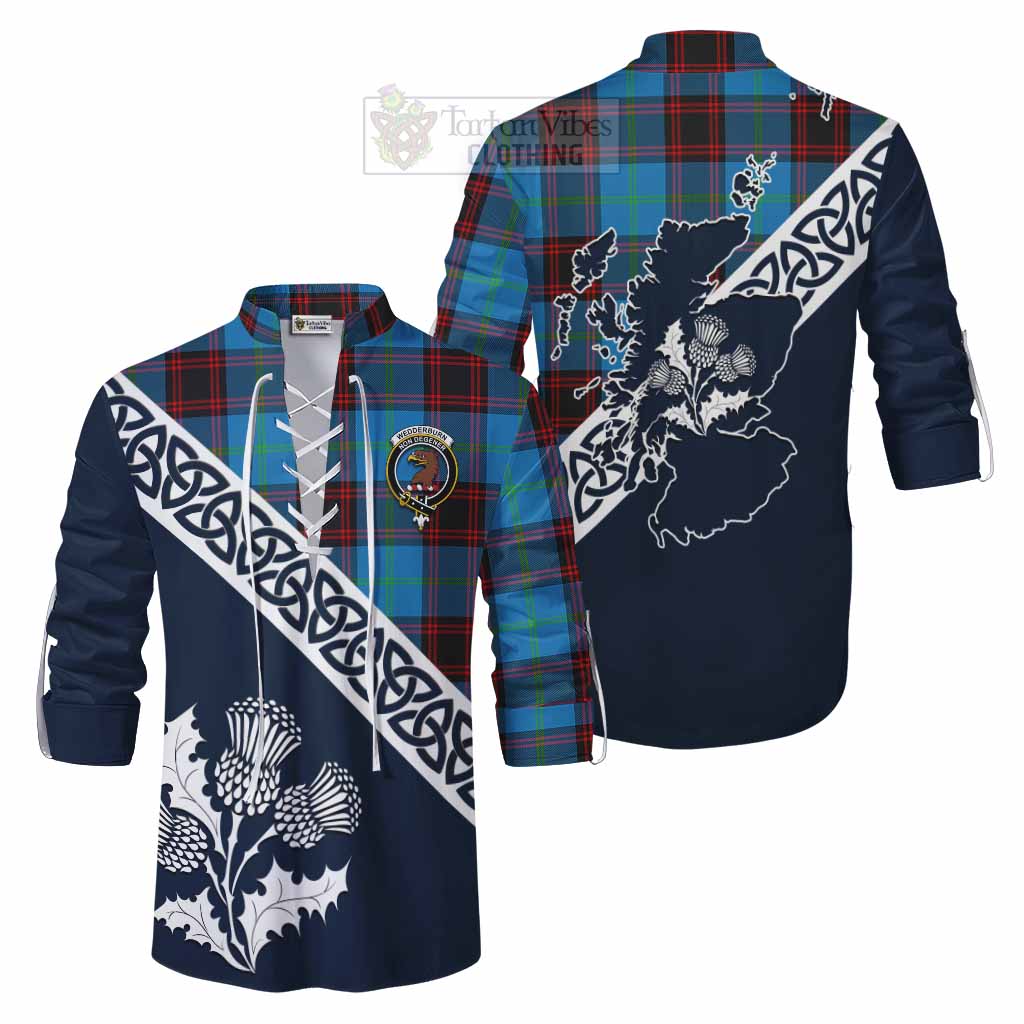 Wedderburn Tartan Ghillie Kilt Shirt Featuring Thistle and Scotland Map Men - Tartan Vibes Clothing
