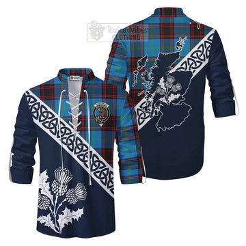 Wedderburn Tartan Ghillie Kilt Shirt Featuring Thistle and Scotland Map Men - Tartan Vibes Clothing