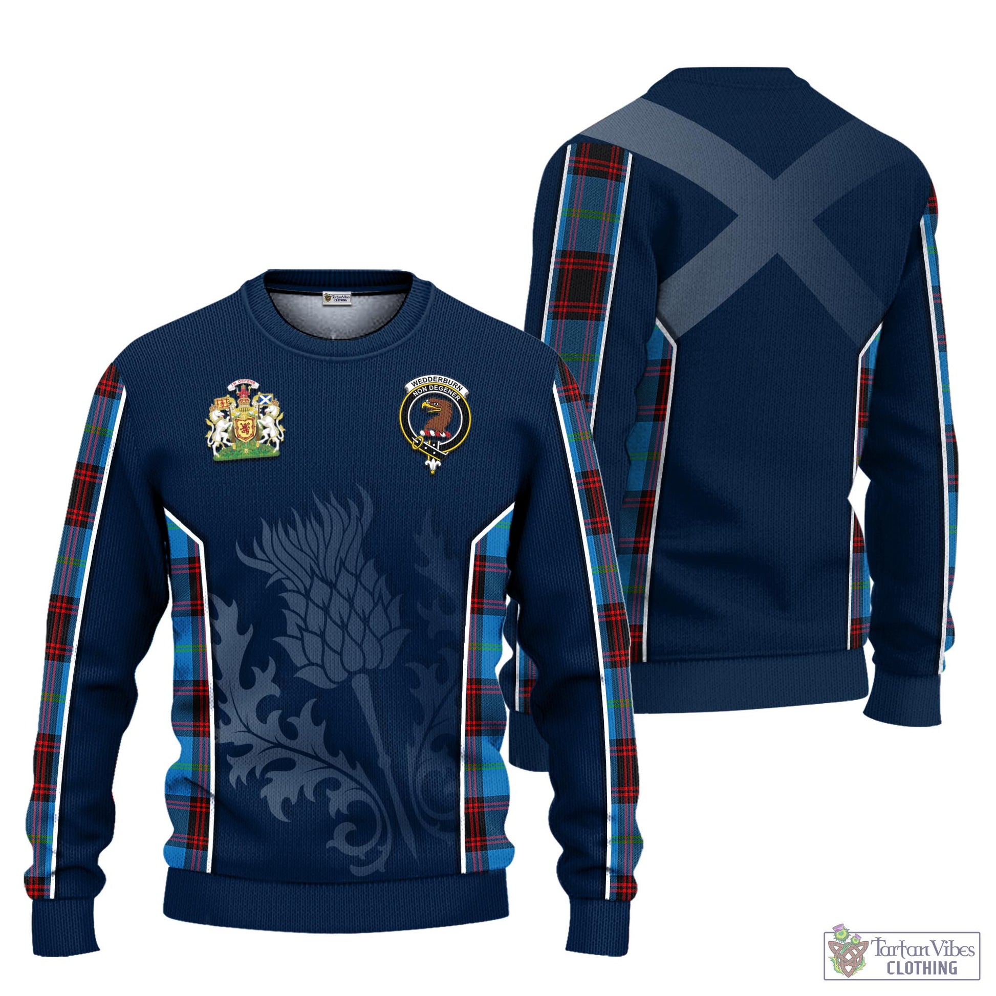 Wedderburn Tartan Knitted Sweatshirt with Family Crest and Scottish Thistle Vibes Sport Style Unisex - Tartan Vibes Clothing