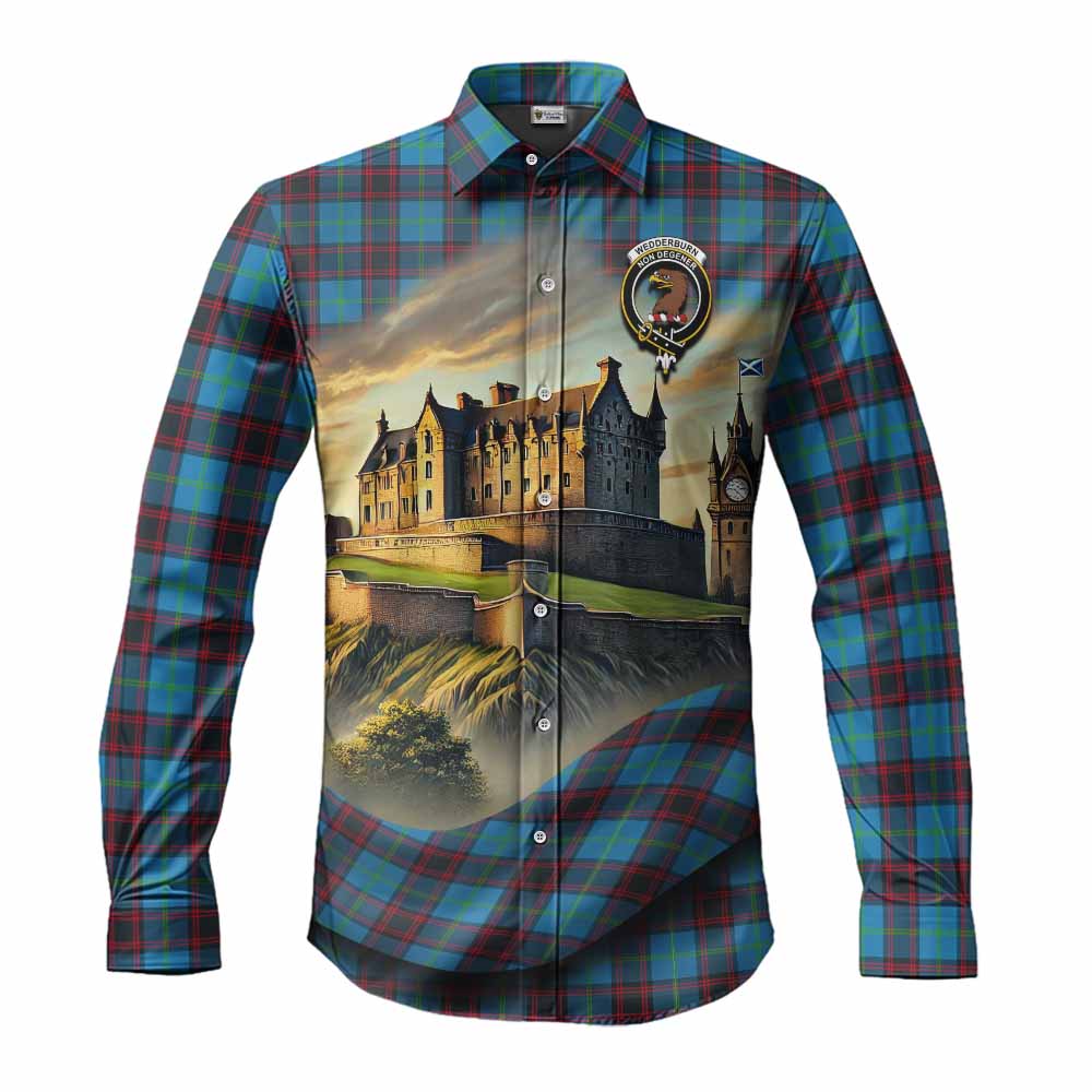 Tartan Vibes Clothing Wedderburn Tartan Family Crest Long Sleeve Button Shirt with Scottish Ancient Castle Style