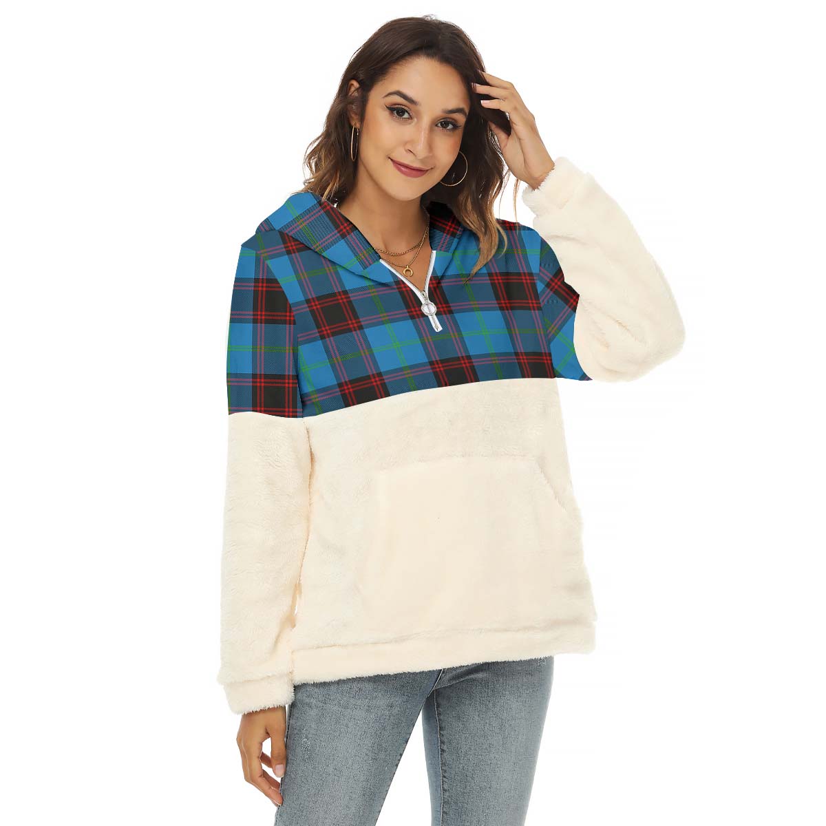 Wedderburn Tartan Half Style Women's Borg Fleece Hoodie with Half Zip Female - Tartan Vibes Clothing