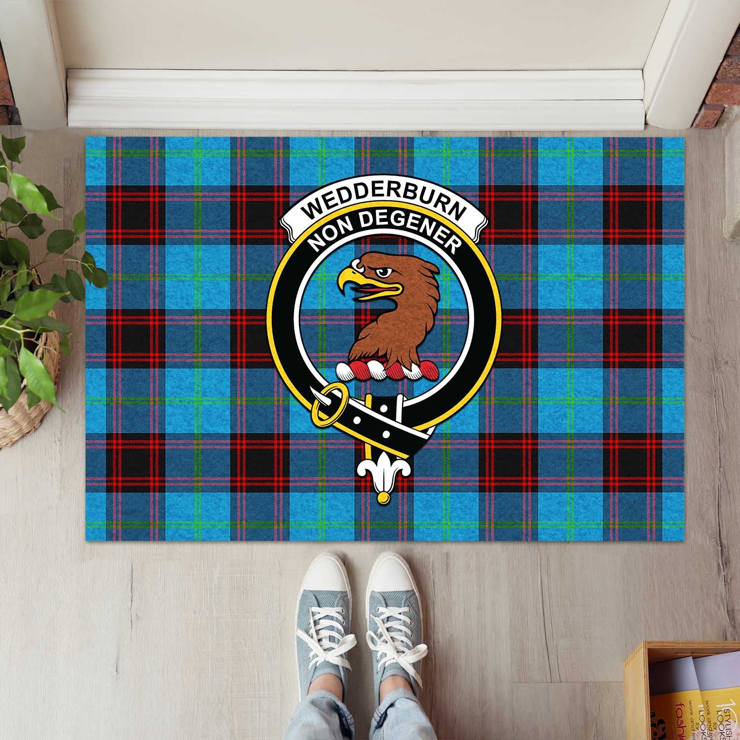 Wedderburn Tartan Door Mat with Family Crest - Tartanvibesclothing Shop