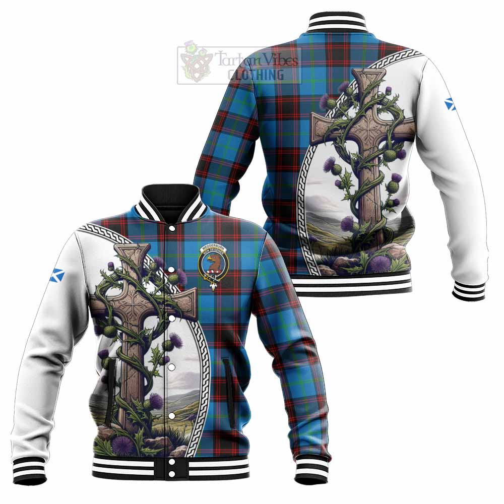 Tartan Vibes Clothing Wedderburn Tartan Baseball Jacket with Family Crest and St. Andrew's Cross Accented by Thistle Vines