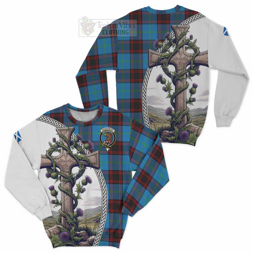 Tartan Vibes Clothing Wedderburn Tartan Sweatshirt with Family Crest and St. Andrew's Cross Accented by Thistle Vines