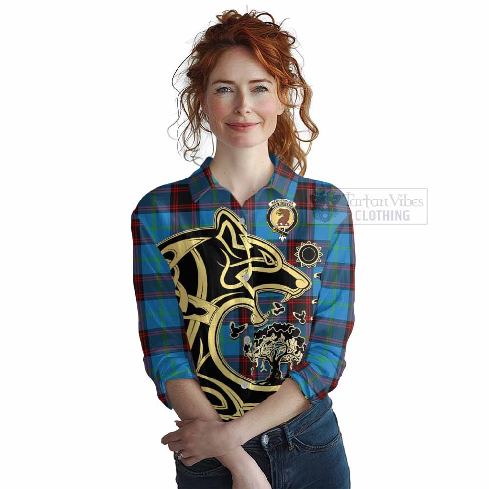 Wedderburn Tartan Women's Casual Shirt with Family Crest Celtic Wolf Style Female - Tartan Vibes Clothing