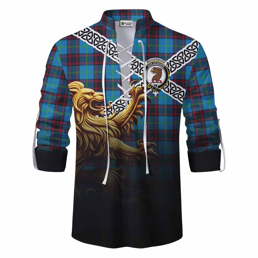 Tartan Vibes Clothing Wedderburn Crest Tartan Ghillie Kilt Shirt with Golden Lion Emblem Celtic Style
