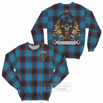 Wedderburn Tartan Sweatshirt with Family Crest and Bearded Skull Holding Bottles of Whiskey Unisex - Tartan Vibes Clothing