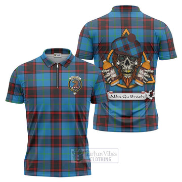 Wedderburn Tartan Zipper Polo Shirt with Family Crest and Bearded Skull Holding Bottles of Whiskey Unisex - Tartan Vibes Clothing
