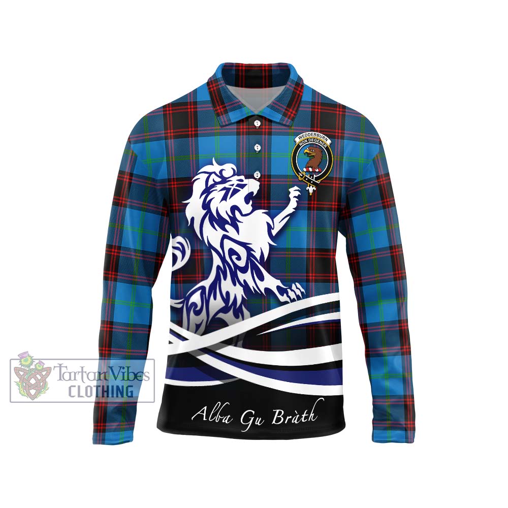 Wedderburn Tartan Long Sleeve Polo Shirt with Alba Gu Brath Regal Lion Emblem Unisex - Tartan Vibes Clothing