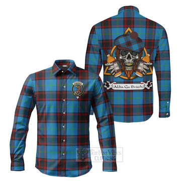 Wedderburn Tartan Long Sleeve Button Shirt with Family Crest and Bearded Skull Holding Bottles of Whiskey Men's Shirt S - Tartan Vibes Clothing