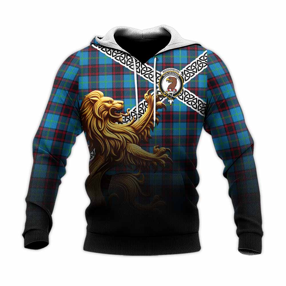 Wedderburn Crest Tartan Knitted Hoodie with Golden Lion Emblem Celtic Style Unisex Knitted Pullover Hoodie - Tartan Vibes Clothing