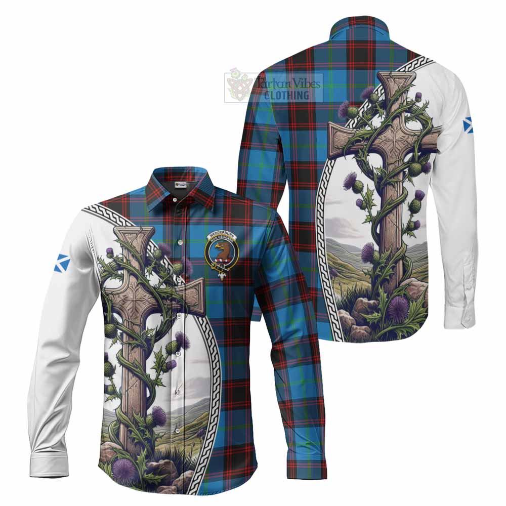Tartan Vibes Clothing Wedderburn Tartan Long Sleeve Button Shirt with Family Crest and St. Andrew's Cross Accented by Thistle Vines