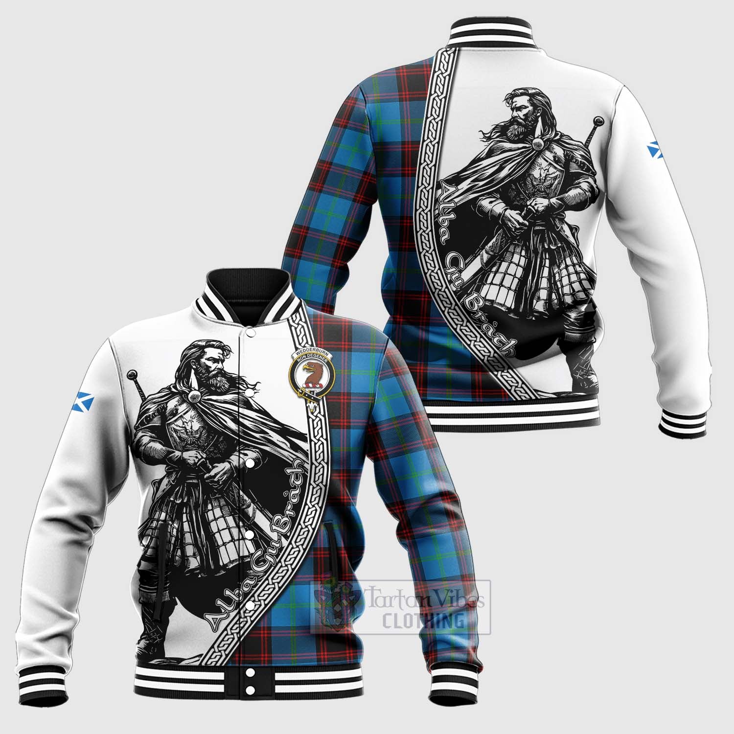 Wedderburn Tartan Clan Crest Baseball Jacket with Highlander Warrior Celtic Style Unisex - Tartan Vibes Clothing