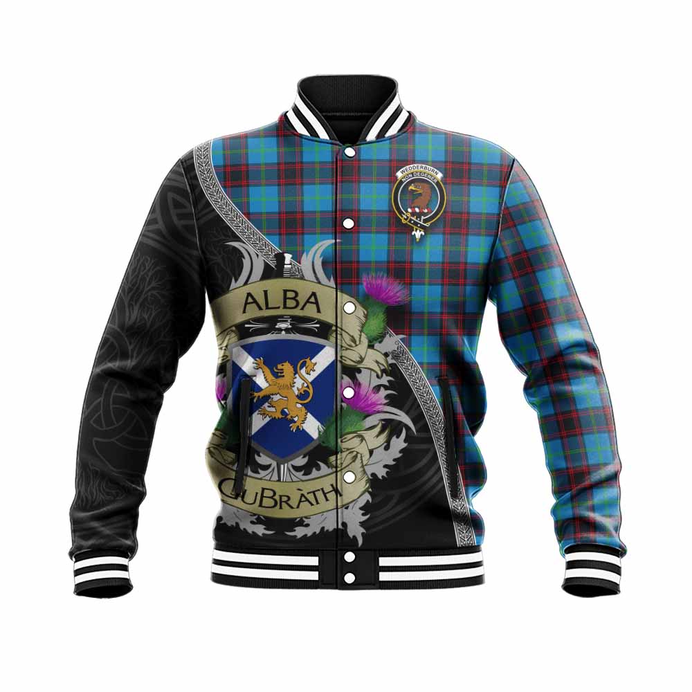 Wedderburn Tartan Family Crest Baseball Jacket Lion Rampant Royal Thistle Shield Celtic Inspired Unisex - Tartan Vibes Clothing