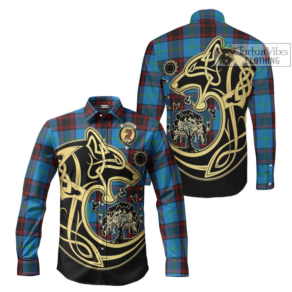 Wedderburn Tartan Long Sleeve Button Shirt with Family Crest Celtic Wolf Style Men's Shirt S - Tartan Vibes Clothing