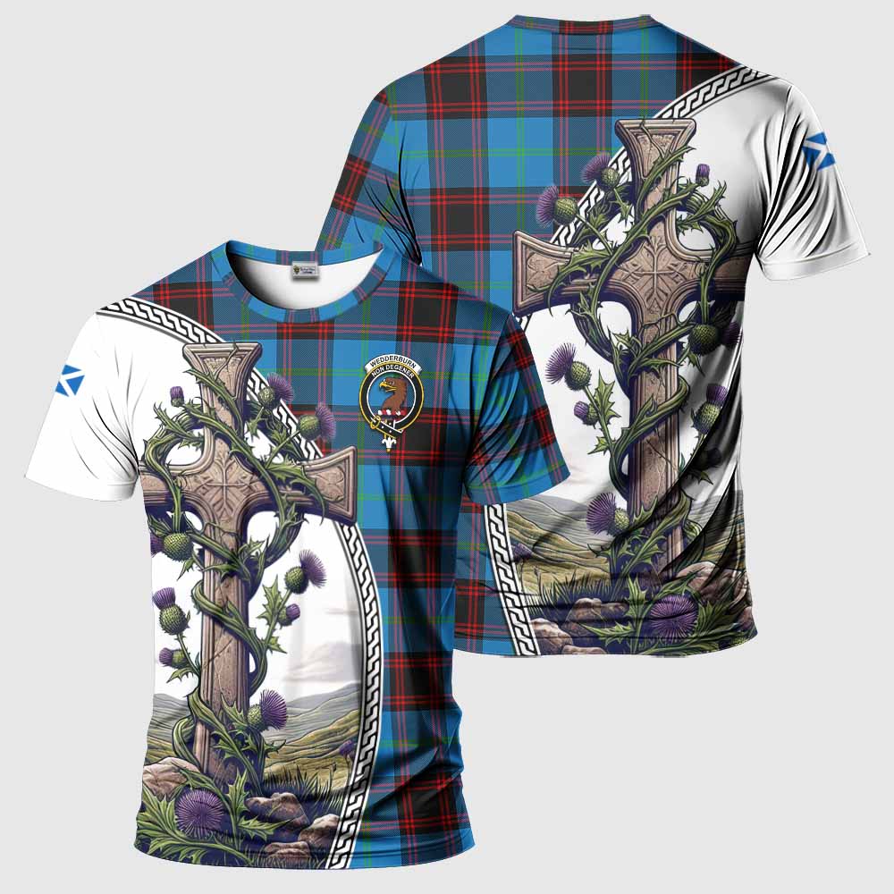 Tartan Vibes Clothing Wedderburn Agnew Tartan T-Shirt with Family Crest and St. Andrew's Cross Accented by Thistle Vines