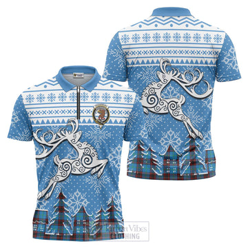 Wedderburn Clan Christmas Zipper Polo Shirt Celtic Reindeer Style Unisex - Tartan Vibes Clothing