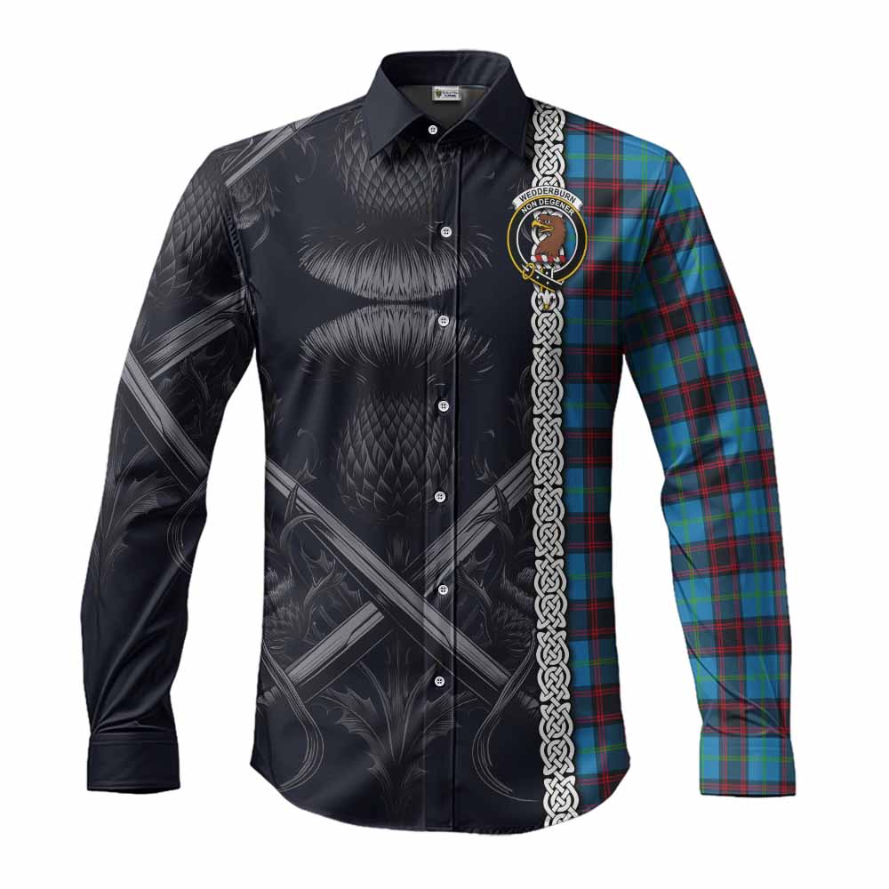 Tartan Vibes Clothing Wedderburn Tartan Long Sleeve Button Shirt with Family Crest Cross Sword Thistle Celtic Vibes