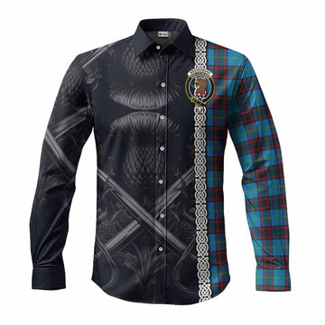 Tartan Vibes Clothing Wedderburn Tartan Long Sleeve Button Shirt with Family Crest Cross Sword Thistle Celtic Vibes