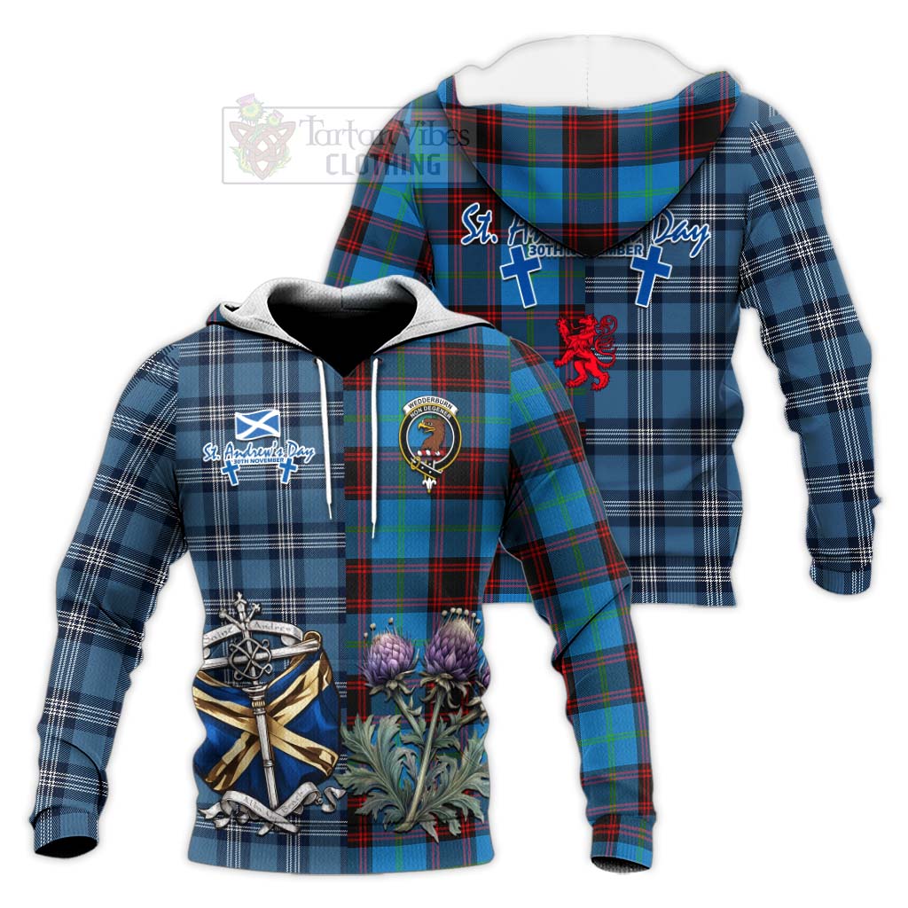 Wedderburn Tartan Knitted Hoodie Happy St. Andrew's Day Half Tartan Style Unisex Knitted Pullover Hoodie - Tartan Vibes Clothing