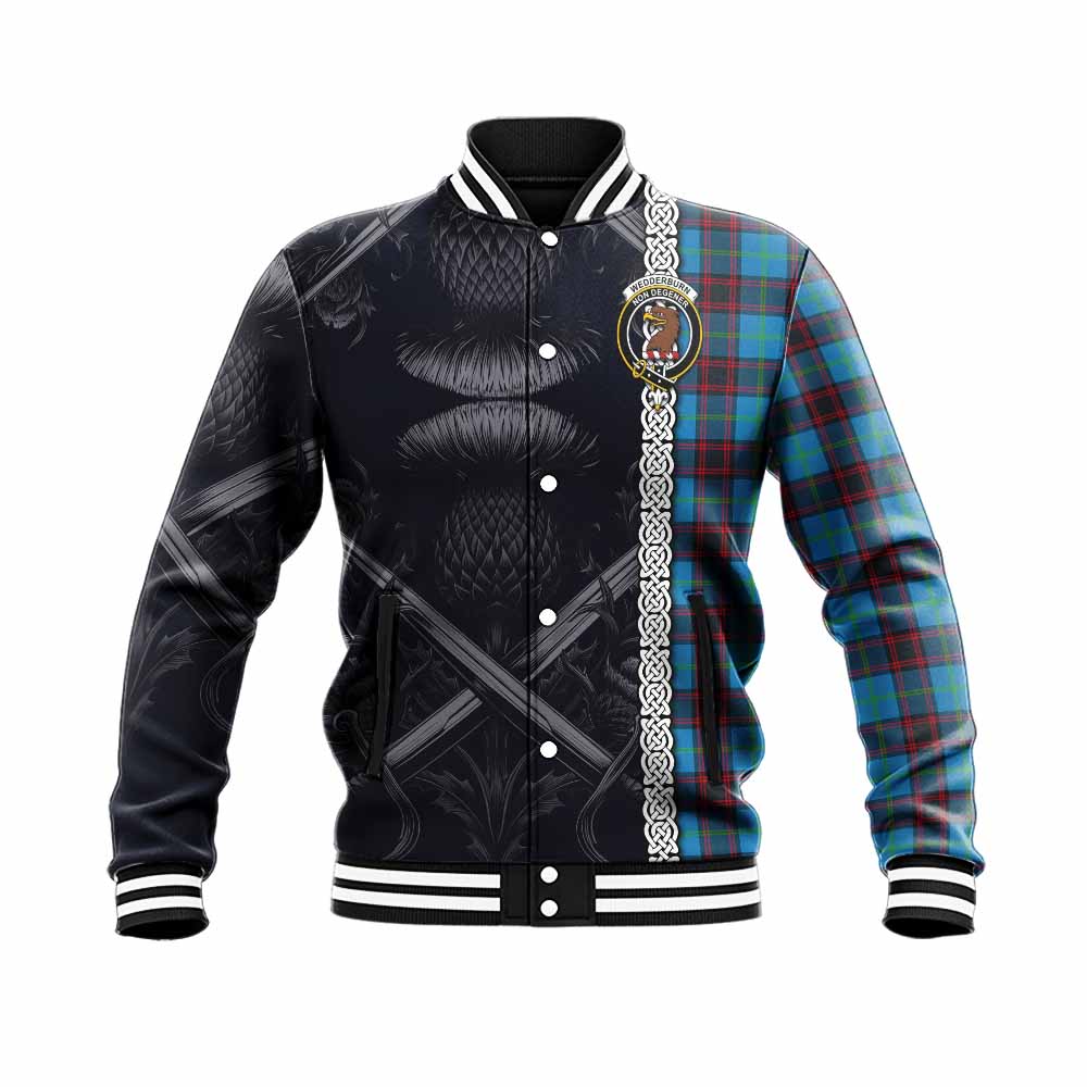 Wedderburn Tartan Baseball Jacket with Family Crest Cross Sword Thistle Celtic Vibes Unisex - Tartan Vibes Clothing