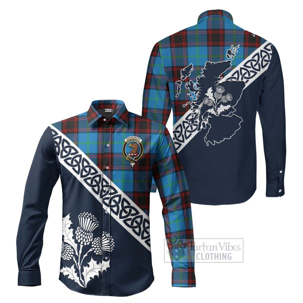 Wedderburn Tartan Long Sleeve Button Shirt Featuring Thistle and Scotland Map Men's Shirt S - Tartan Vibes Clothing