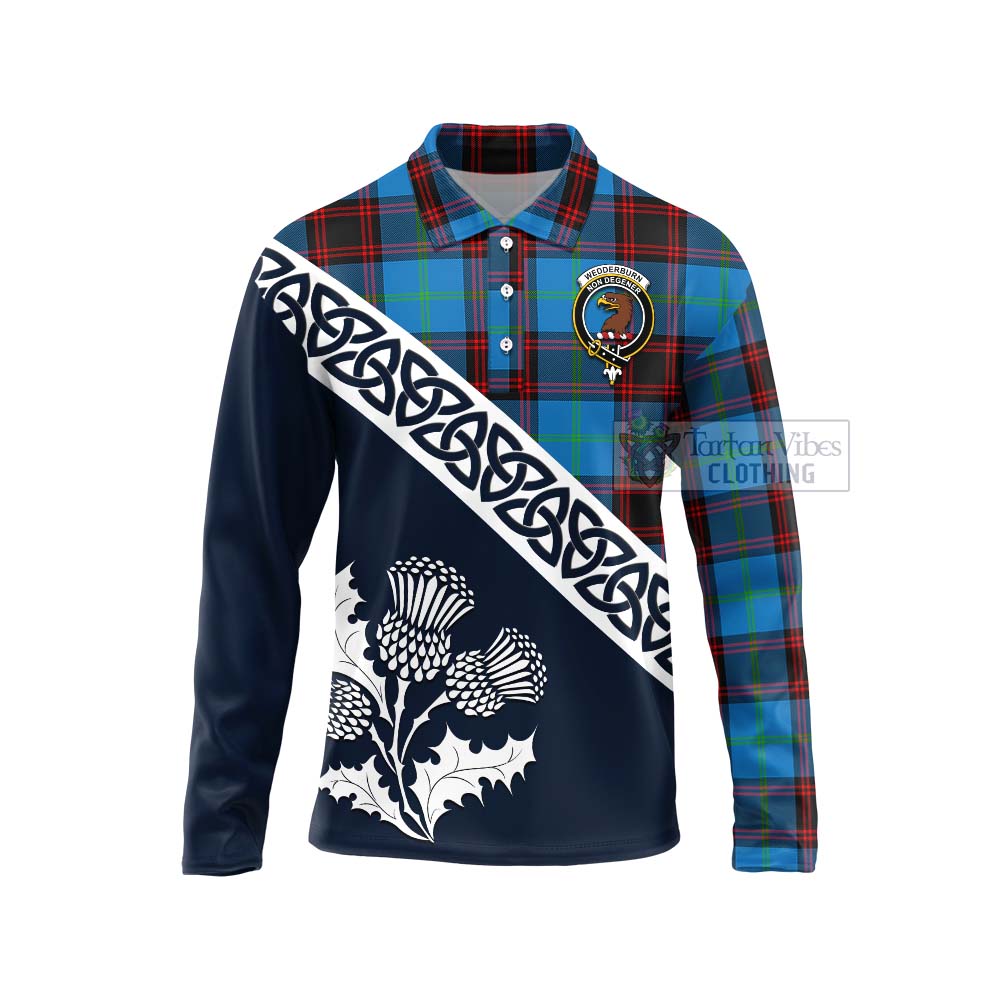 Wedderburn Tartan Long Sleeve Polo Shirt Featuring Thistle and Scotland Map Unisex - Tartan Vibes Clothing