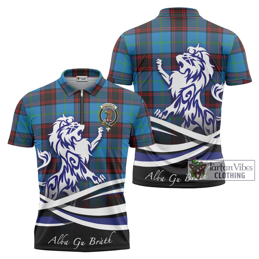 Wedderburn Tartan Zipper Polo Shirt with Alba Gu Brath Regal Lion Emblem Unisex - Tartan Vibes Clothing