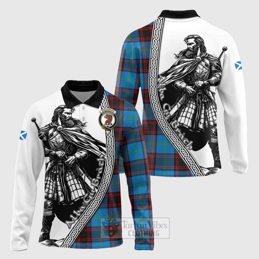 Wedderburn Tartan Clan Crest Long Sleeve Polo Shirt with Highlander Warrior Celtic Style Unisex - Tartan Vibes Clothing