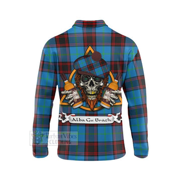 Wedderburn Tartan Long Sleeve Polo Shirt with Family Crest and Bearded Skull Holding Bottles of Whiskey - Tartan Vibes Clothing