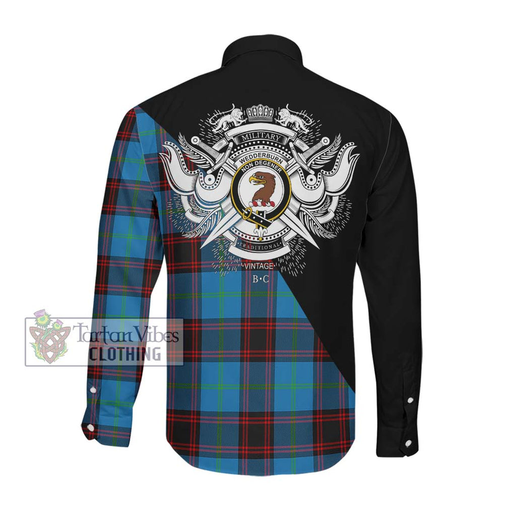 Wedderburn Tartan Long Sleeve Button Shirt with Family Crest and Military Logo Style Men's Shirt - Tartanvibesclothing Shop