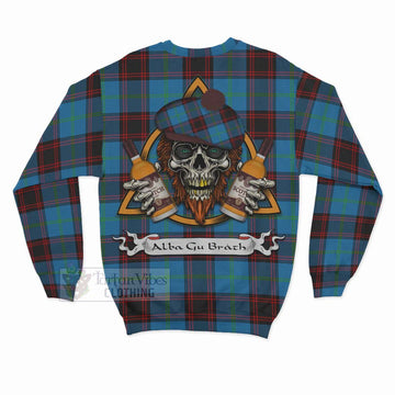 Wedderburn Tartan Sweatshirt with Family Crest and Bearded Skull Holding Bottles of Whiskey - Tartan Vibes Clothing