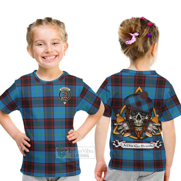 Wedderburn Tartan Kid T-Shirt with Family Crest and Bearded Skull Holding Bottles of Whiskey - Tartan Vibes Clothing