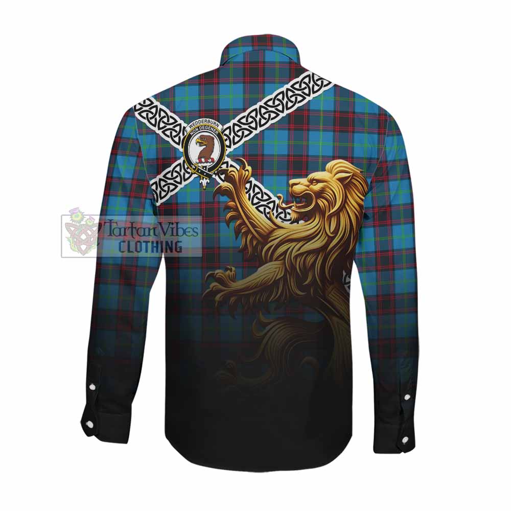 Wedderburn Crest Tartan Long Sleeve Button Shirt with Golden Lion Emblem Celtic Style Men's Shirt - Tartan Vibes Clothing