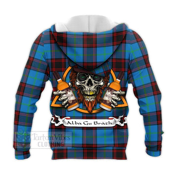 Wedderburn Tartan Knitted Hoodie with Family Crest and Bearded Skull Holding Bottles of Whiskey - Tartan Vibes Clothing
