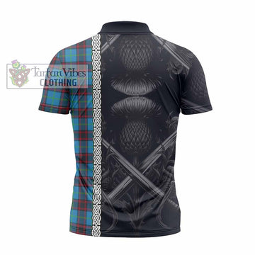 Wedderburn Tartan Zipper Polo Shirt with Family Crest Cross Sword Thistle Celtic Vibes - Tartan Vibes Clothing