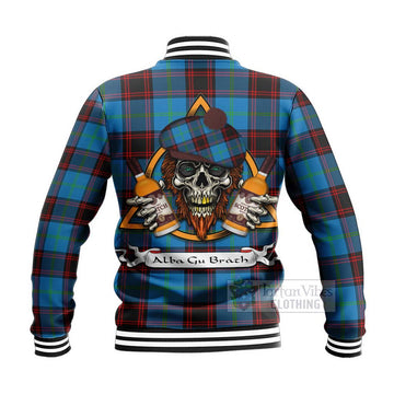 Wedderburn Tartan Baseball Jacket with Family Crest and Bearded Skull Holding Bottles of Whiskey - Tartan Vibes Clothing