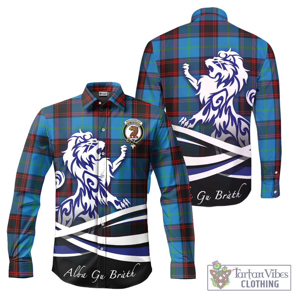 Wedderburn Tartan Long Sleeve Button Up Shirt with Alba Gu Brath Regal Lion Emblem - Tartan Vibes Clothing
